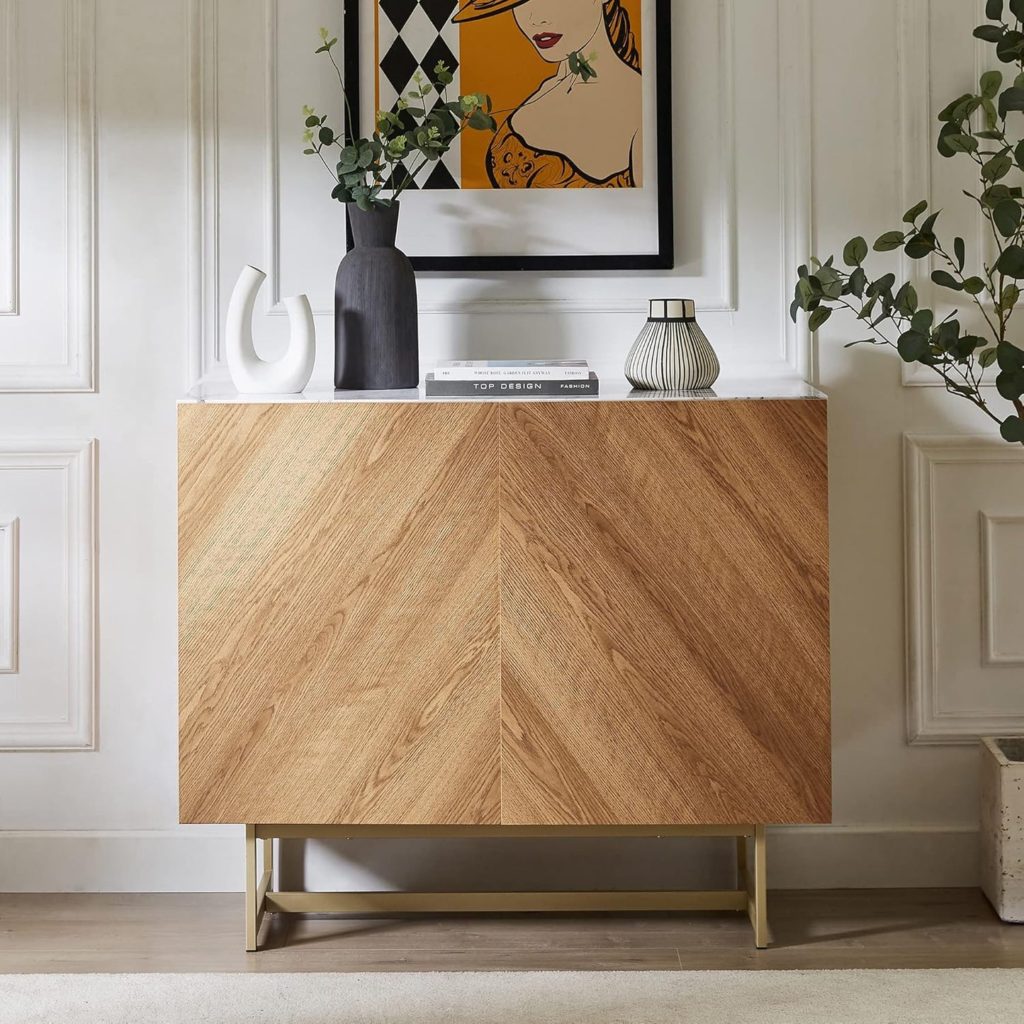 39-Inch Modern Buffet Cabinet – Mid-Century Herringbone Design with Doors